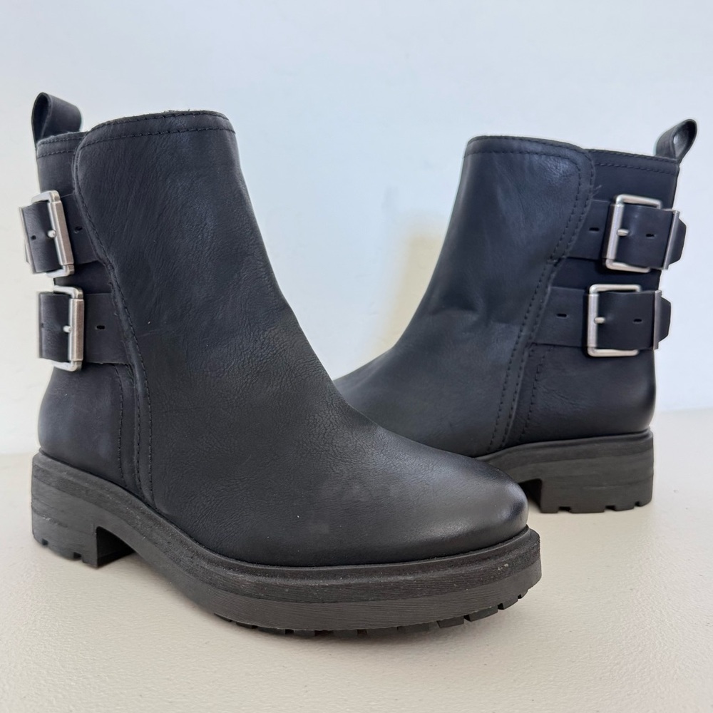 NEW LUCKY BRAND Candre Black Faux Leather Chunky Moto Boots Size 7